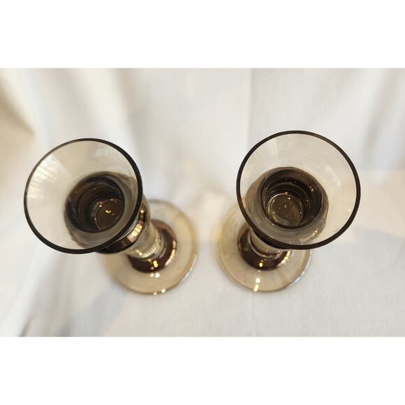Vintage Krosno Poland Smoked Glass Copper Band Candlestick Holders Pair 7.5”tall - Picture 5 of 8